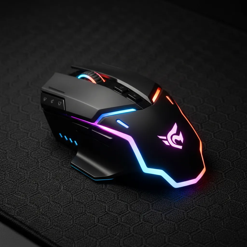 A close-up, dramatic studio shot of a high-performance gaming mouse resting on a textured black mousepad, showing sharp edges and glowing RGB lights on the side, no text, no words, no typography