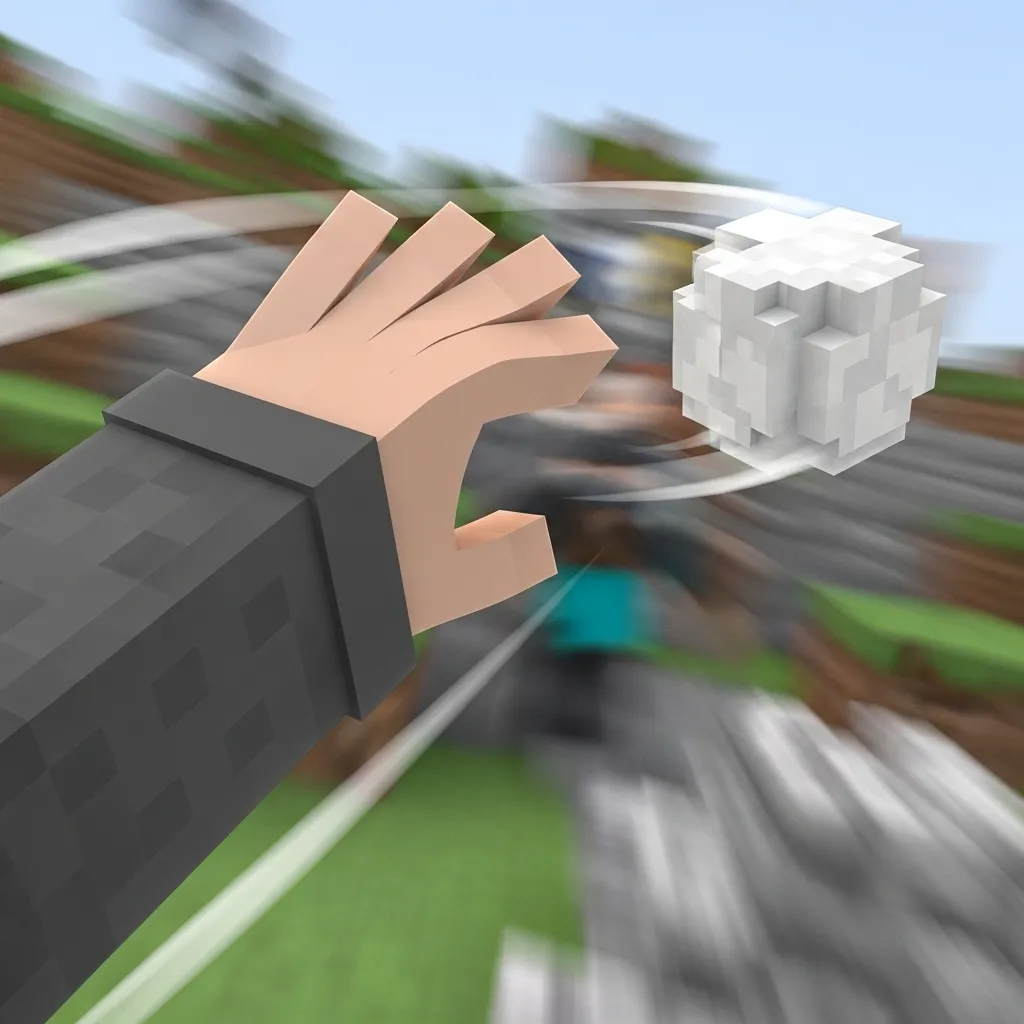 A close-up, dynamic shot of a Minecraft player's hand mid-throw, launching a white snowball with intense focus, the background blurred in a fast-paced combat setting, no text, no words, no typography