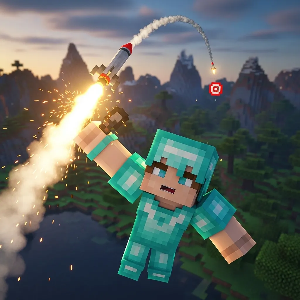 A close-up, dynamic shot of a player in Minecraft Bedrock using an elytra and firing a rocket upward, aimed precisely at a distant, small target; high-contrast lighting, depth of field blur, no text, no words, no typography