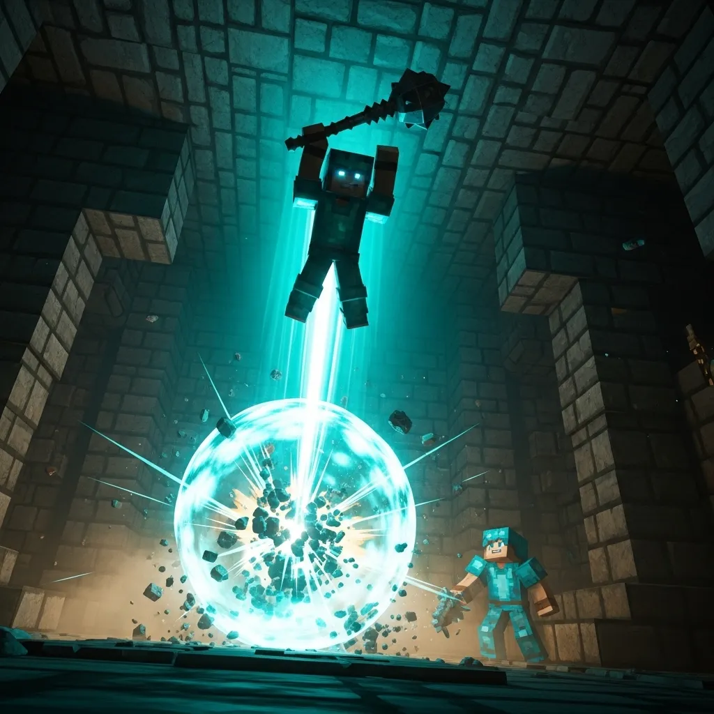 A close-up, dynamic, third-person shot of a player being launched vertically by a translucent, turquoise wind charge explosion inside a dark stone trial chamber, preparing to execute a critical mace attack on a second player below; dramatic lighting, no text, no words, no typography, Minecraft