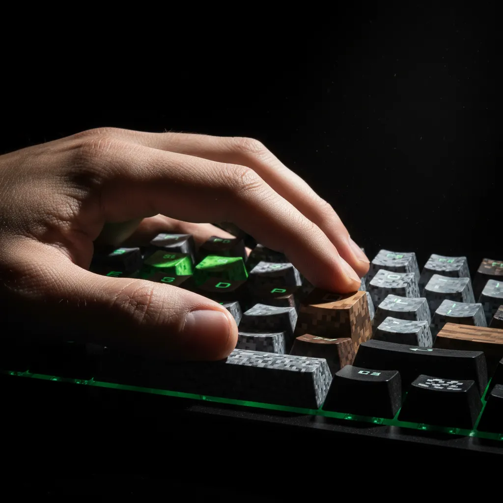 A close-up, high-contrast photograph of a hand resting naturally over the ESDF keys on a mechanical keyboard, showing clear delineation between the index finger resting on D and the pinky finger positioned near C and X. The lighting is dramatic, highlighting the muscle memory aspect, no text, no words, no typography Minecraft theme