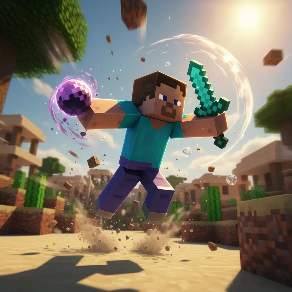 A close-up, high-speed action shot of a Minecraft character mid-air, just before impact with the ground, holding an Ender Pearl in one hand and a sword in the other, rendered in cinematic 4K detail with dramatic motion blur, no text, no words, no typography