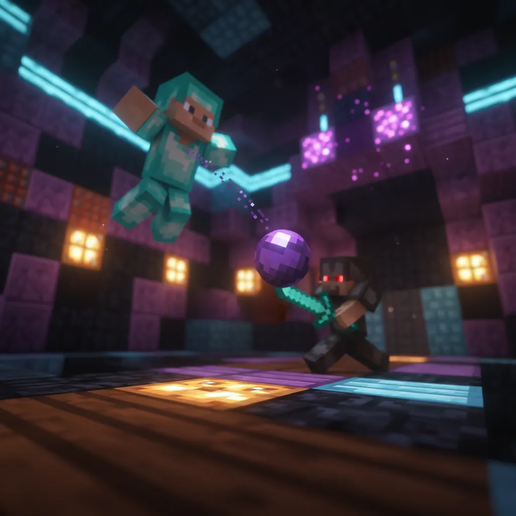 A close-up, low-angle shot inside a Minecraft duel arena showing two players locked in close combat. One player is mid-air, throwing an Ender Pearl towards a high ledge, illuminated by dramatic internal lighting. The focus is sharp on the pearl's trajectory, showing no text, no words, no typography.