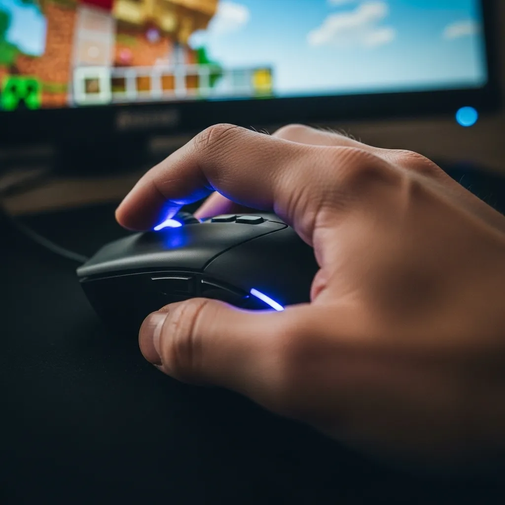 A close-up of a hand rapidly clicking a mouse during, Minecraft