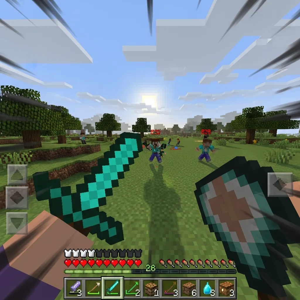 A close-up shot showing a player rapidly moving left and right (A/D keys) during a PvP engagement Minecraft. Only screen
