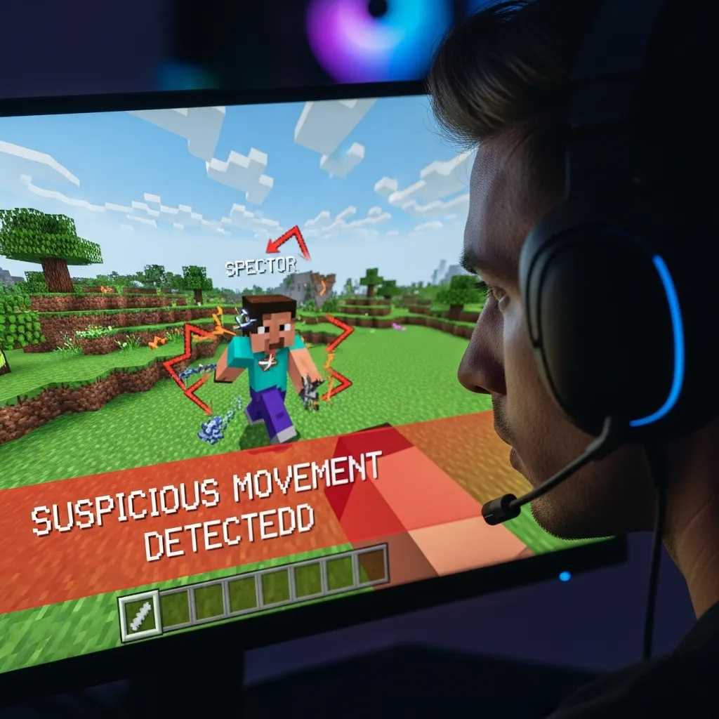 A dedicated Minecraft Realm owner watching a player through spectator mode, highlighting suspicious, rigid movement patterns.