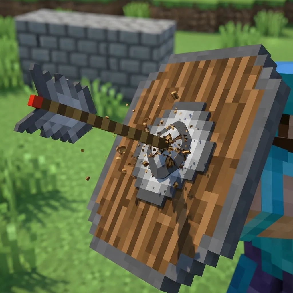 A detailed close-up of an arrow shot from a crossbow passing straight through a raised shield in Minecraft Bedrock PvP