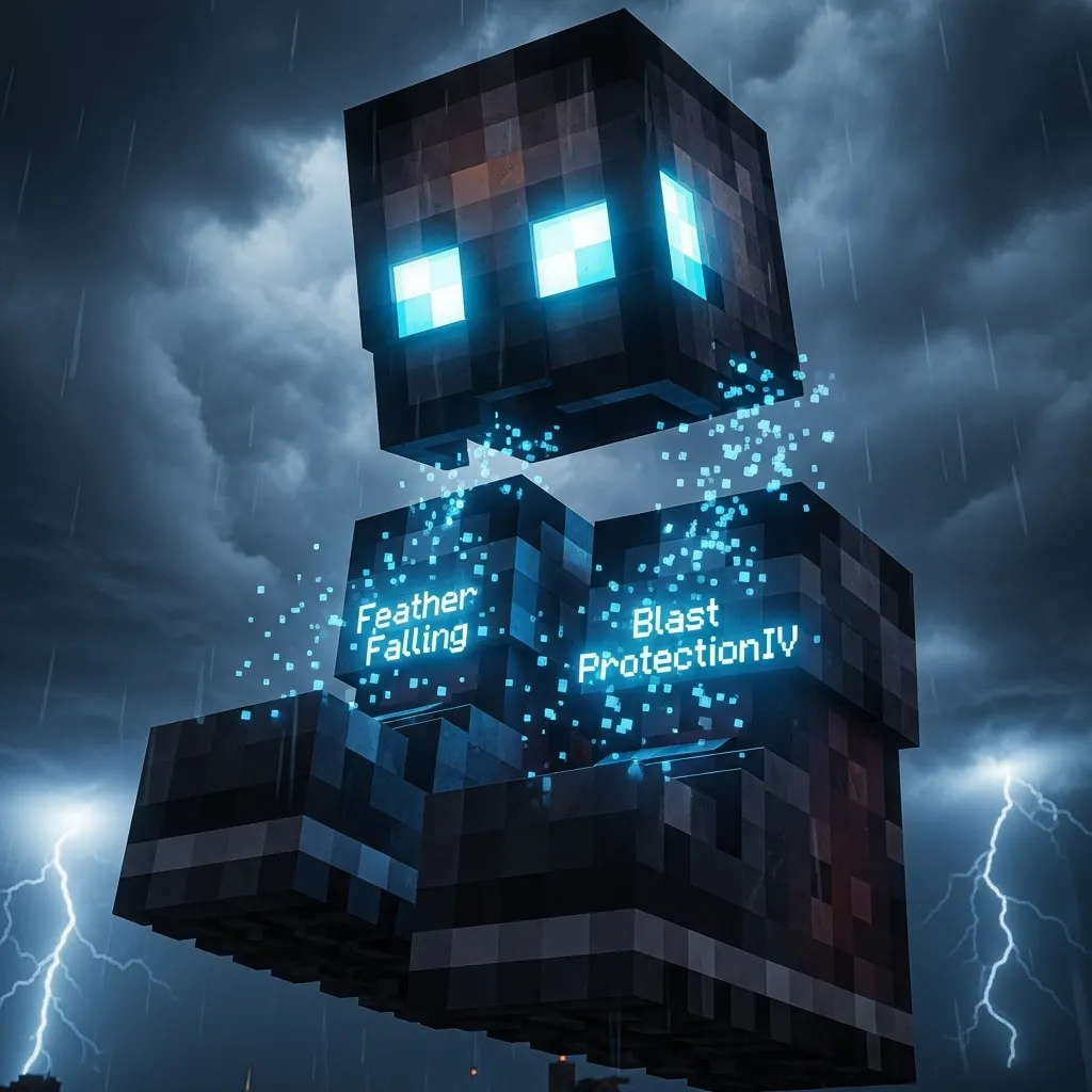 A detailed close-up shot of a player's enchanted Netherite boots and helmet, showing Feather Falling and Blast Protection IV glow, set against a dark, stormy Bedrock PvP sky. No text, no words, no typography, Minecrafct