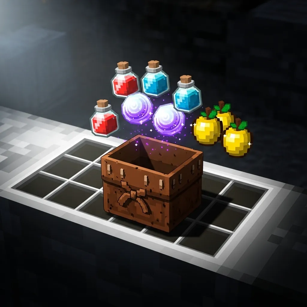 A detailed close-up shot of a player's hotbar, focusing on a single inventory slot containing a Minecraft Bundle, with items like potions, ender pearls, and Golden Apples digitally floating above it, emphasizing organization. Use dramatic, competitive lighting. No text, no words, no typography.