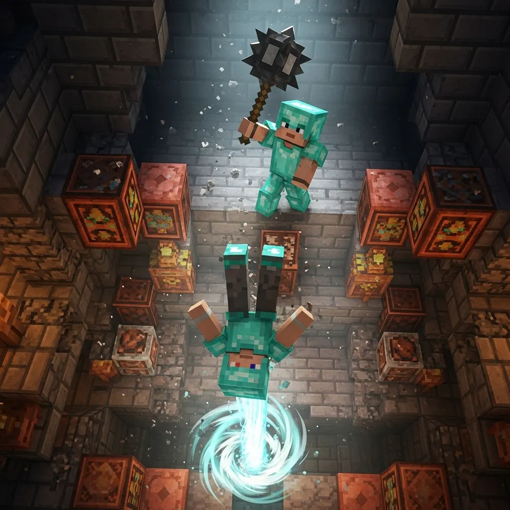 A detailed, dramatic, high-angle shot showing a player being launched vertically by a Breeze Wind Burst while an enemy player prepares to attack with a Mace. Dynamic lighting, trial chamber environment visible. No text, no words, no typography.