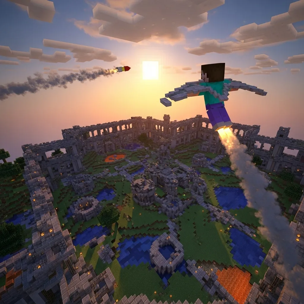 A detailed, high-angle shot of a Minecraft character using an Elytra, gliding above a detailed PvP arena landscape, with a single faint smoke trail coming from a recently used firework rocket. Focus on the sense of speed and height. no text, no words, no typography