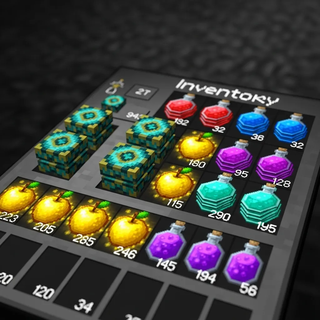 A detailed, high-contrast close-up shot of a player's inventory screen in Minecraft Bedrock, clearly showing stacks of Totems of Undying, Golden Apples, and splash potions, against a dark, dramatic background. no text, no words, no typography