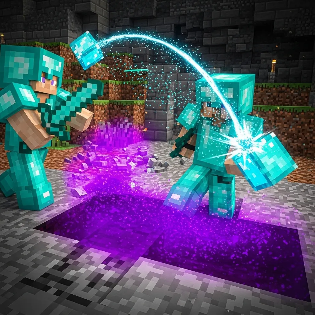 A detailed, high-contrast shot of a Minecraft PvP battle showing a player throwing a blue splash potion (Slowness) directly at the feet of an opponent who is slowed down and standing in a pool of purple poison effect. Focus on action and particle effects. no text, no words, no typography