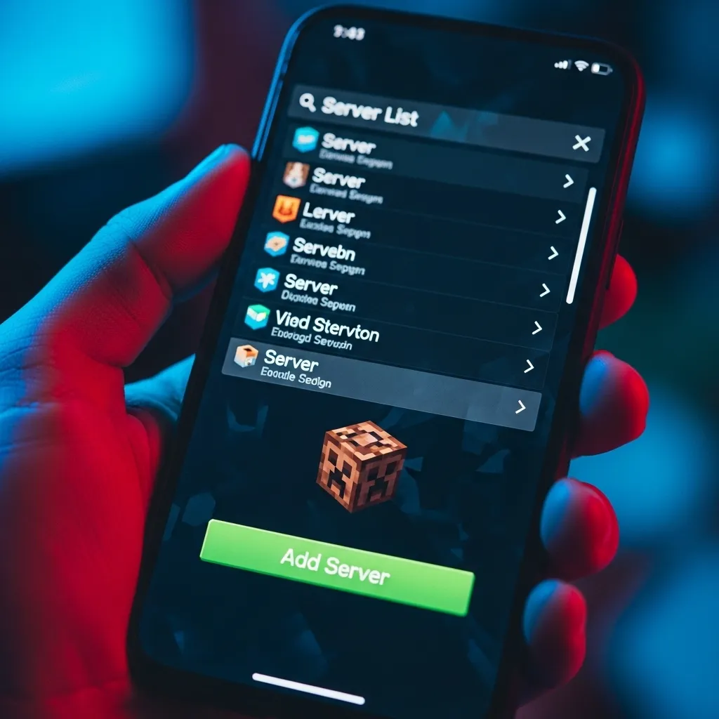 A detailed, low-angle shot of a hand holding a mobile phone running Minecraft Bedrock, specifically showing the server list screen with an 'Add Server' button clearly visible; vibrant, high-contrast lighting; no text, no words, no typography