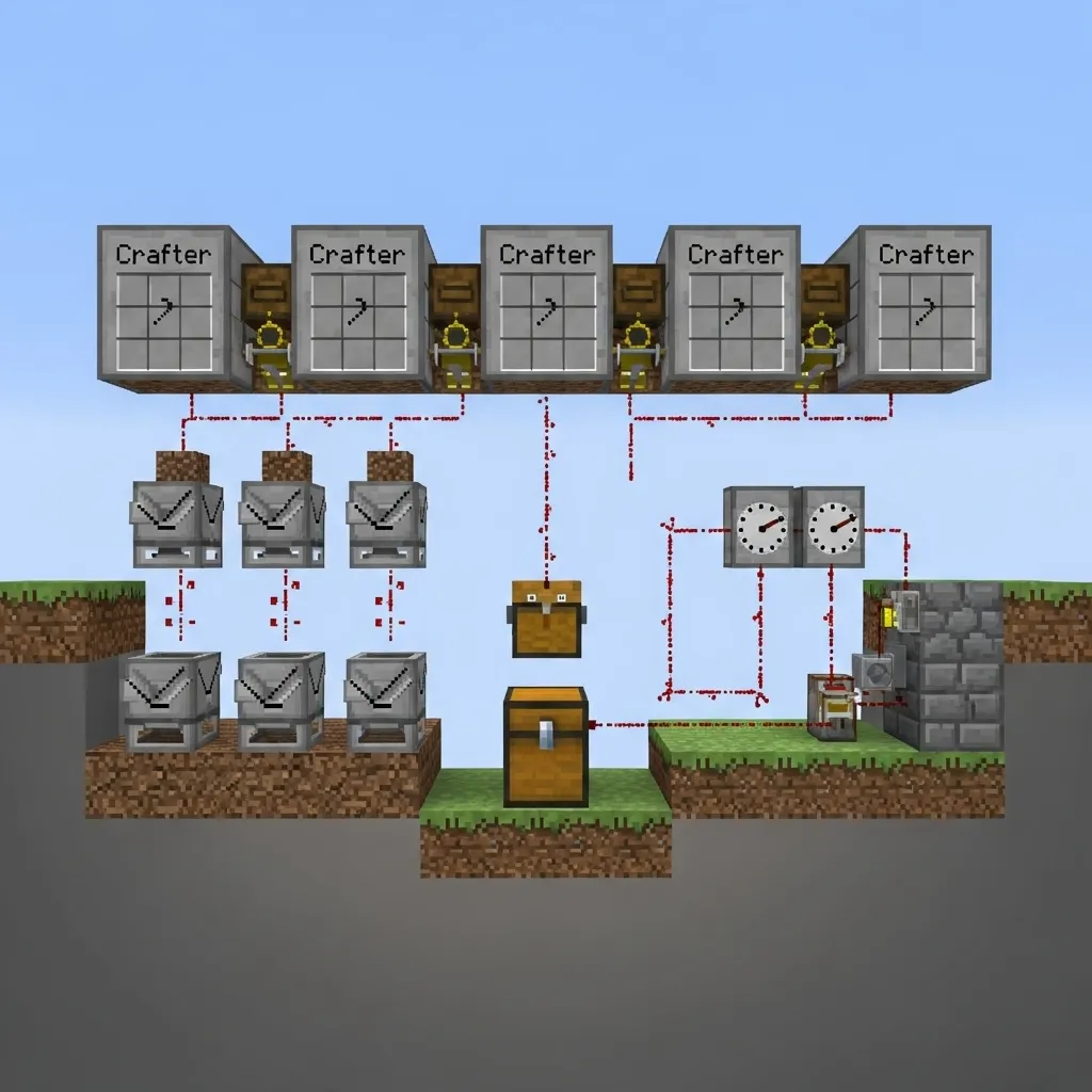 A detailed, schematic cross-section of a compact Minecraft redstone build, showing four Crafter blocks in a line, linked by hoppers to a central chest and a repeating observer clock. The lighting should be soft and focused, emphasizing the complexity, no text, no words, no typography.