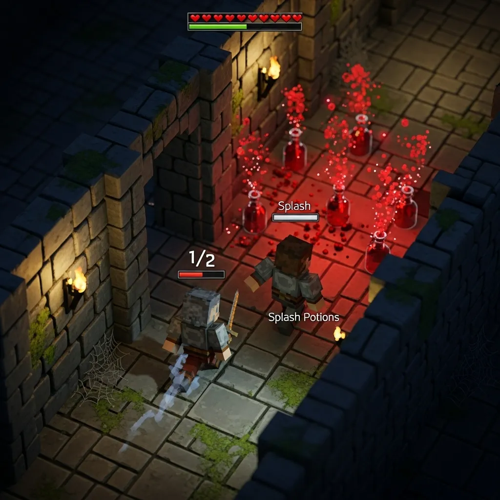 A detailed, top-down view of a narrow, stone PvP hallway. A player model with half a heart of health is retreating, leading a pursuing player into a dimly lit section of the floor where several red glass bottles (representing splash potions) are visually active. no text, no words, no typography