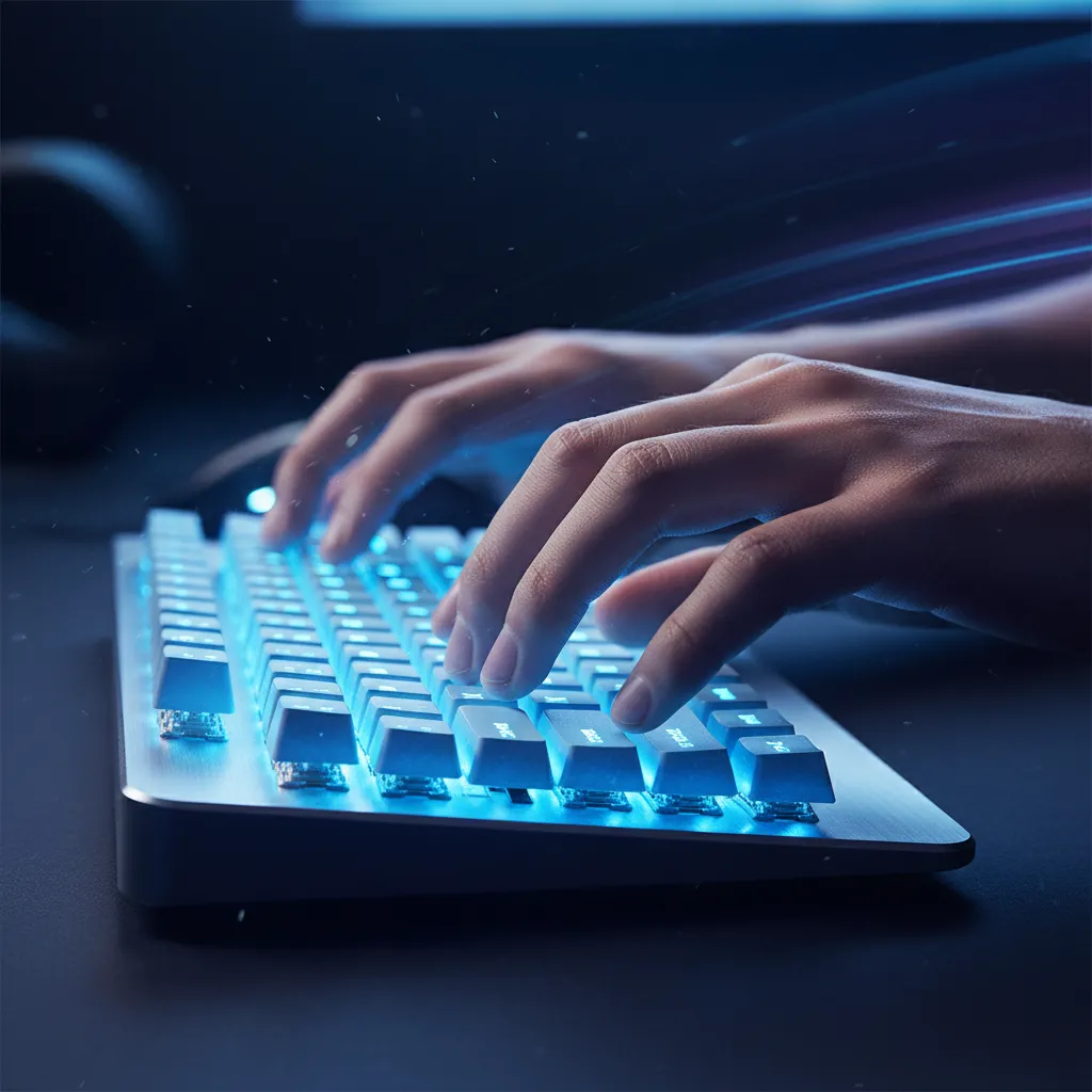 A dramatic close-up shot of a player's hands hovering precisely over the WASD keys and surrounding number keys (1-5) on a mechanical keyboard, backlit by neon blue light, emphasizing speed and precision. No text, no words, no typography