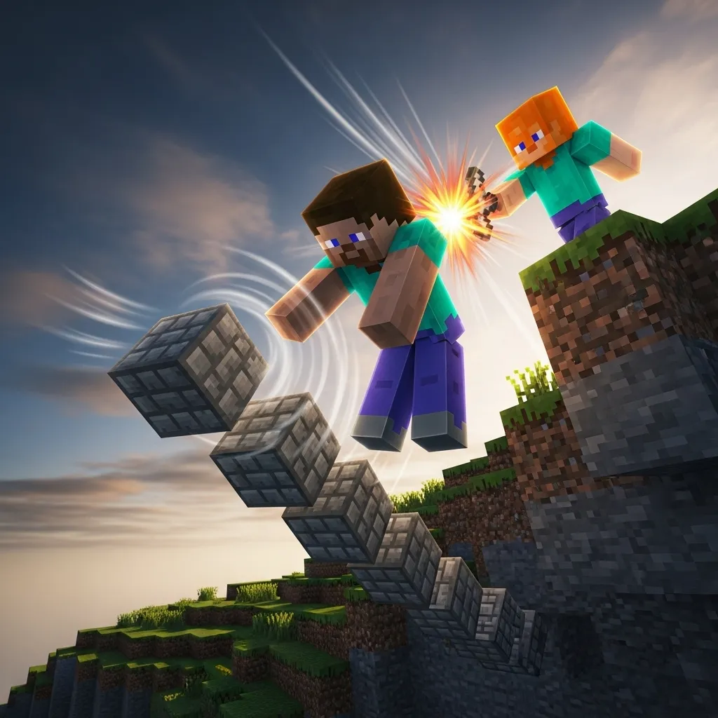 A dynamic, high-contrast shot of a Bedrock player instantly placing a row of blocks mid-air after being hit by a Java player, stabilizing their position near a cliff edge, no text, no words, no typography