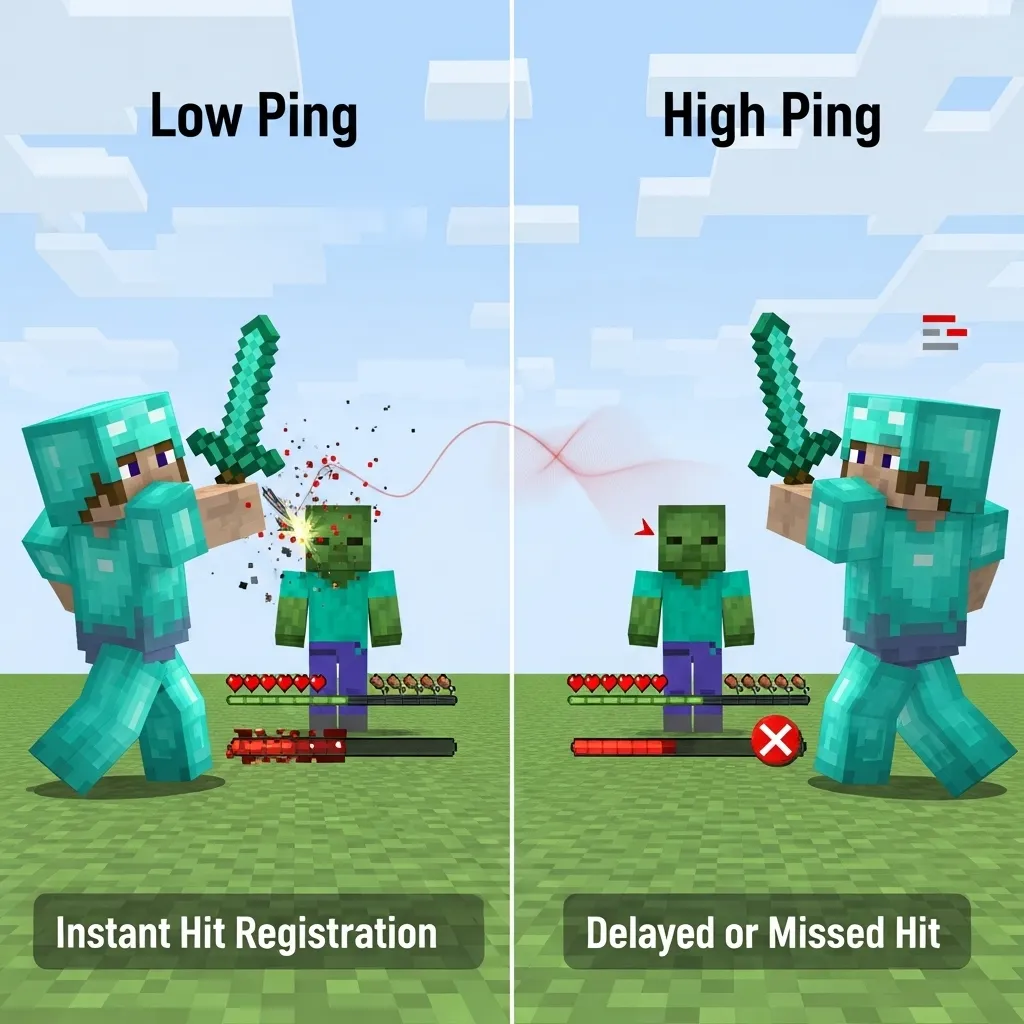 A graphic comparing a player with low ping and a player with high ping connecting a hit minecraft