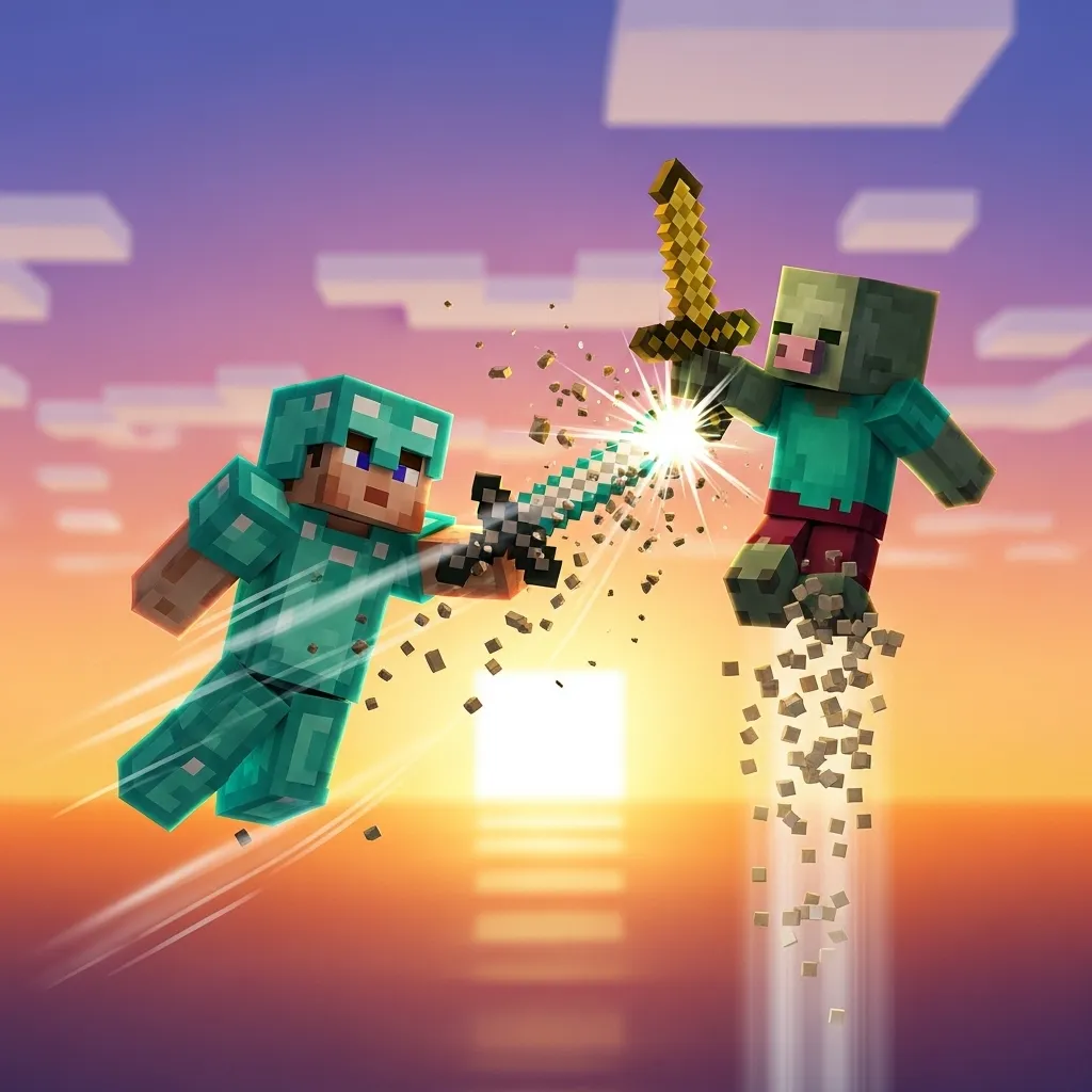 A highly detailed 3D render of two blocky Minecraft characters mid-air during a sword fight, with clear, dynamic visual effects indicating horizontal knockback on the left and vertical knockback on the right. Bright, contrasting lighting, no text, no words, no typography
