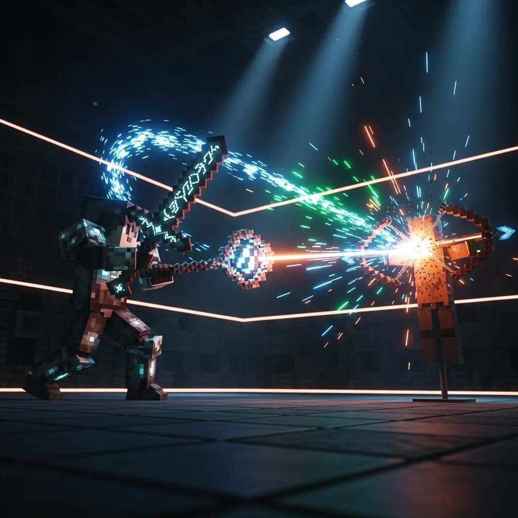 A highly detailed, dramatic, cinematic shot of a player testing custom weapon damage on a test dummy in a dark, stylized arena, with particle effects glowing brightly. The composition should emphasize the unique magic or custom nature of the weapon. Focus on the action and light; no text, no words, no typography, Minecraft
