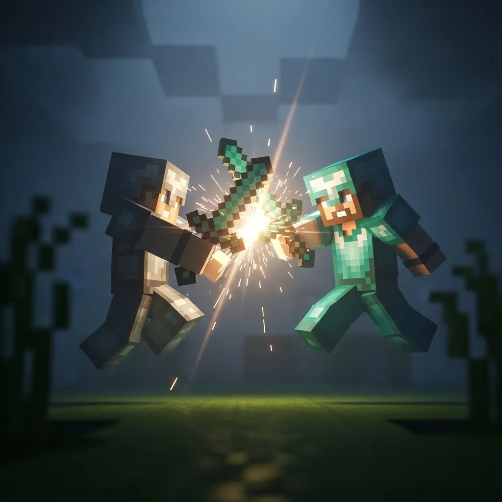 A highly detailed, dramatic close-up of a Minecraft PvP duel in foggy, low-light conditions. Two players are mid-air, swords clashing, with sharp, focused motion blur. The emphasis should be on the intense light and shadow effects provided by a low-lag shader. No text, no words, no typography