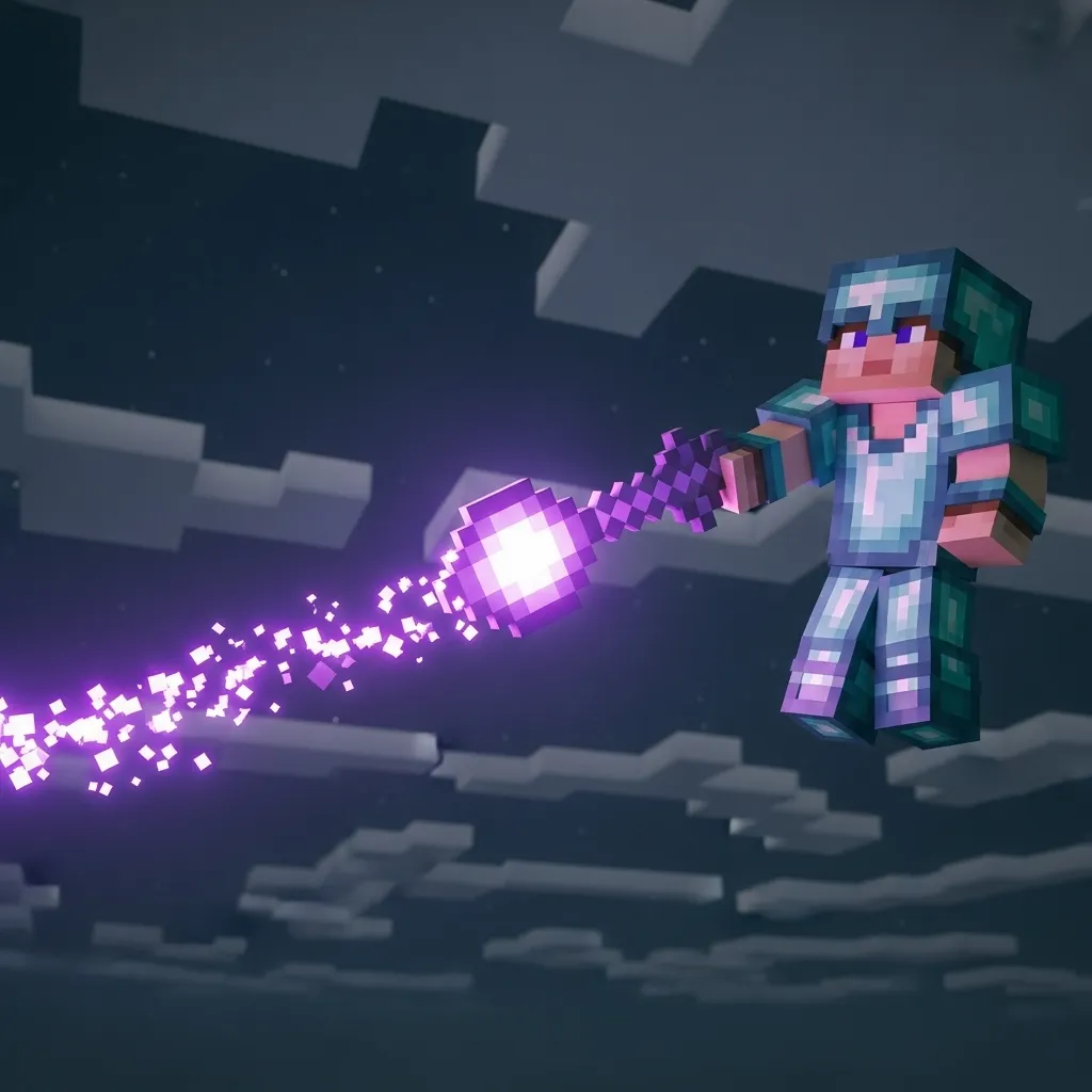 A highly detailed, dramatic close-up shot of a player holding an enchanted Mace mid-fall, with glowing purple particles trailing behind the weapon, framed against a dark, cloudy sky. Composition focuses on the glowing enchantment effects. No text, no words, no typography. Minecrafct