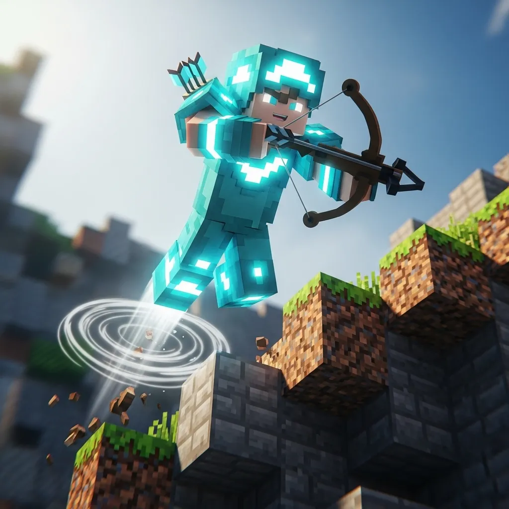 A highly detailed, dynamic low-angle shot of a Minecraft player mid-air, having just used a Wind Charge to launch off a structure, aiming a crossbow at an opponent below; glowing custom armor accents visible; bright action lighting; no text, no words, no typography