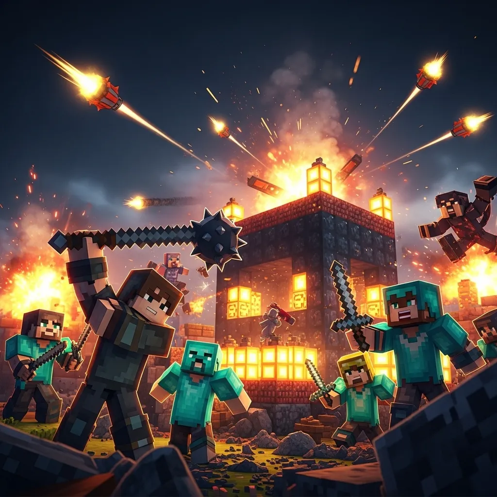 A highly detailed, dynamic screenshot of a large Minecraft Bedrock Factions war involving two groups of players fighting over a brightly lit obsidian base, featuring 1.21 mace usage and wind charges flying. The composition should be low-angle and dramatic, with rich lighting. Focus purely on the action and environment; no text, no words, no typography.