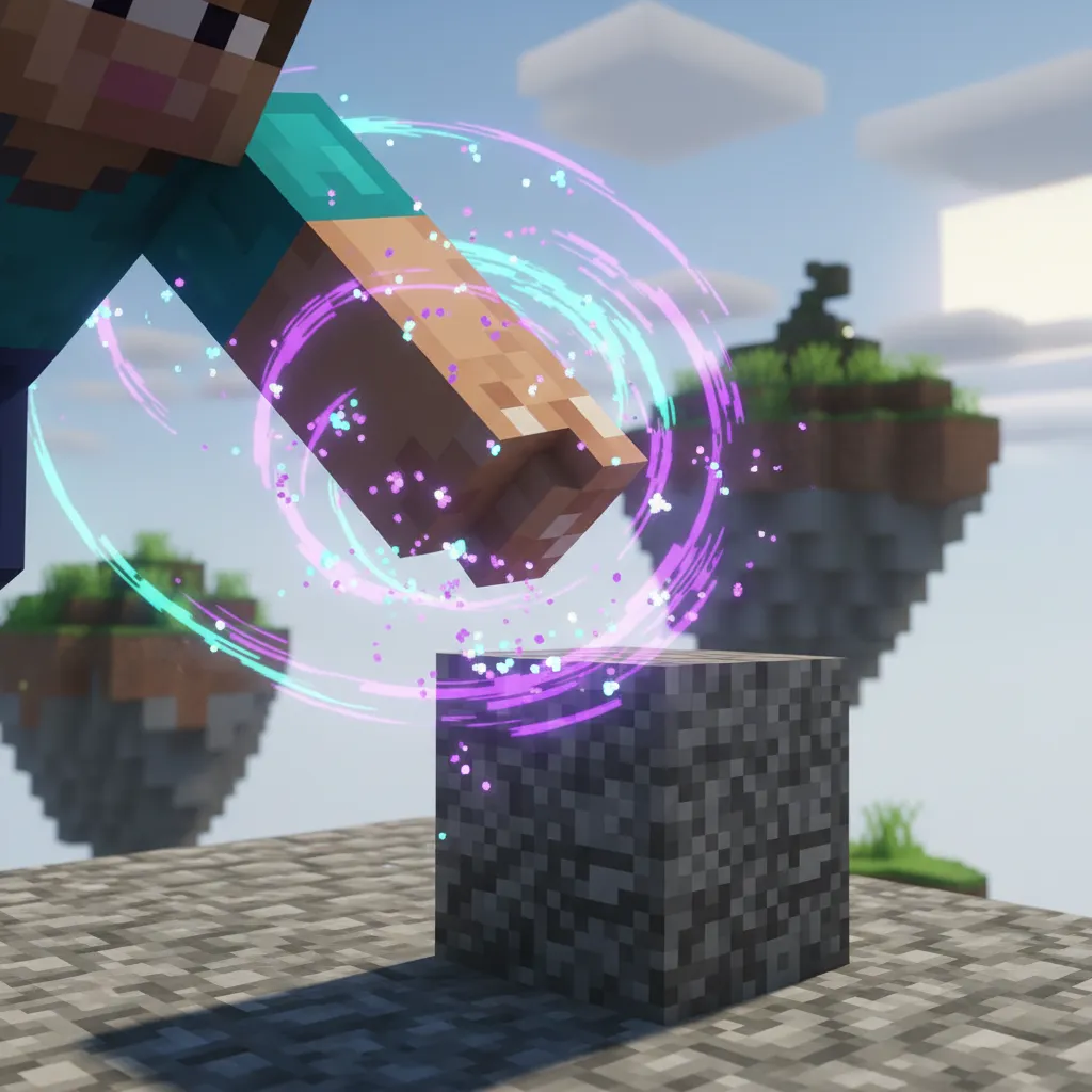 A highly detailed, low-angle close-up shot of a Minecraft player's hand mid-air, just barely touching the top corner of a single cobblestone block placed several blocks below them, with glowing Ender Pearl particles surrounding the hand, capturing intense focus and motion blur, no text, no words, no typography