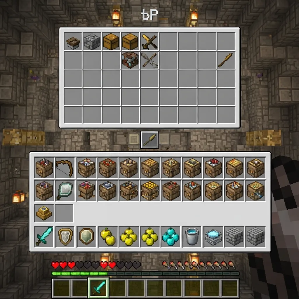 A highly detailed, overhead shot of a Minecraft player's inventory grid. The hotbar slots 8 and 9 contain tightly packed bundles. The background is a dimly lit PvP arena. The image must show the clear visual division between the hotbar and inventory chest. No text, no words, no typography.