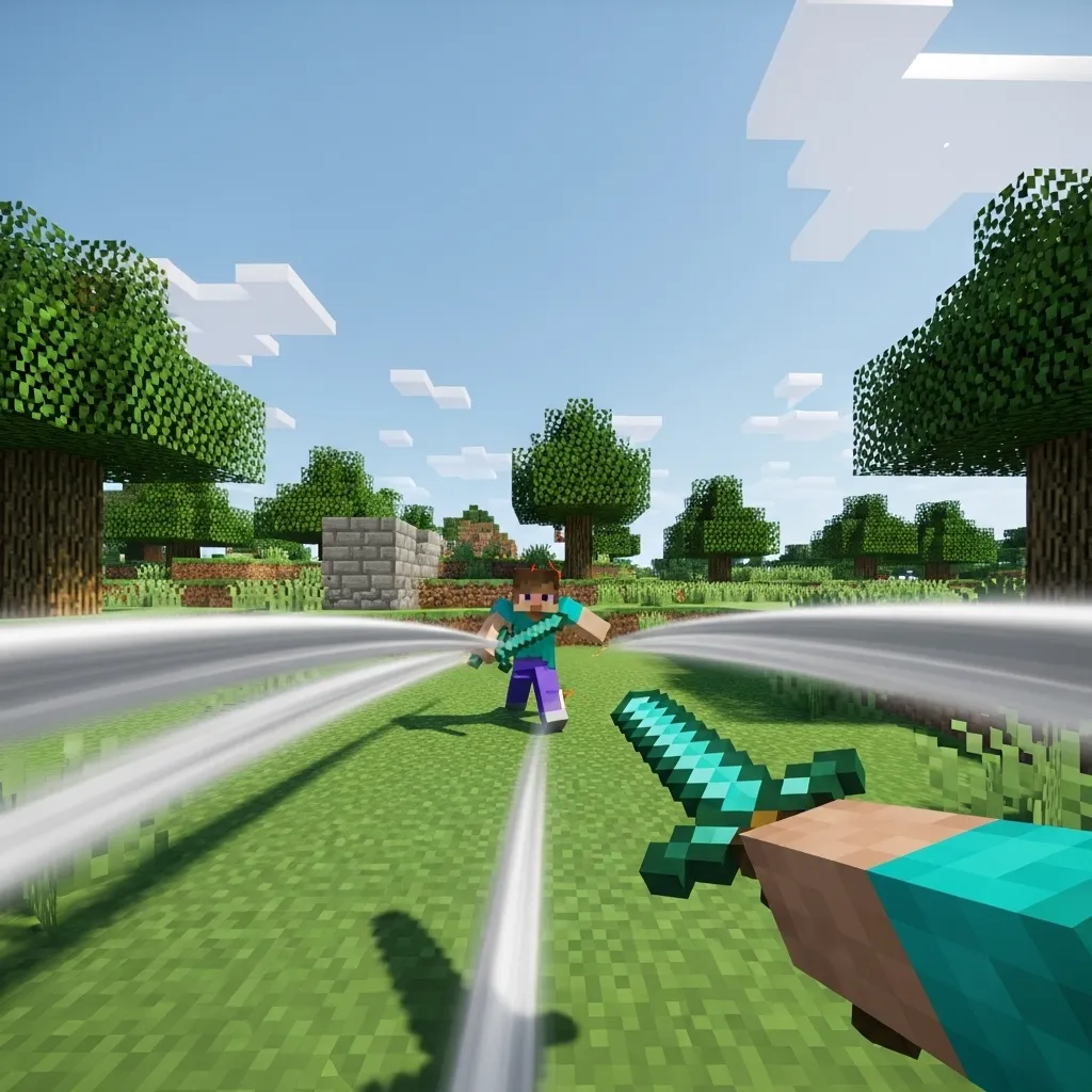 A highly visual, dynamic perspective shot in Minecraft PvP of a player wide-strafing around an opponent, creating a large, sweeping arc of movement. Bright daylight, smooth motion blur, no text, no words, no typography