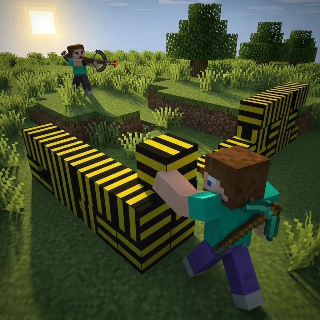 A Minecraft player rapidly placing black and yellow blocks to build a temporary wall on a low hill, while an opponent is visible in the background aiming a crossbow. Intense, focused lighting, no text, no words, no typography