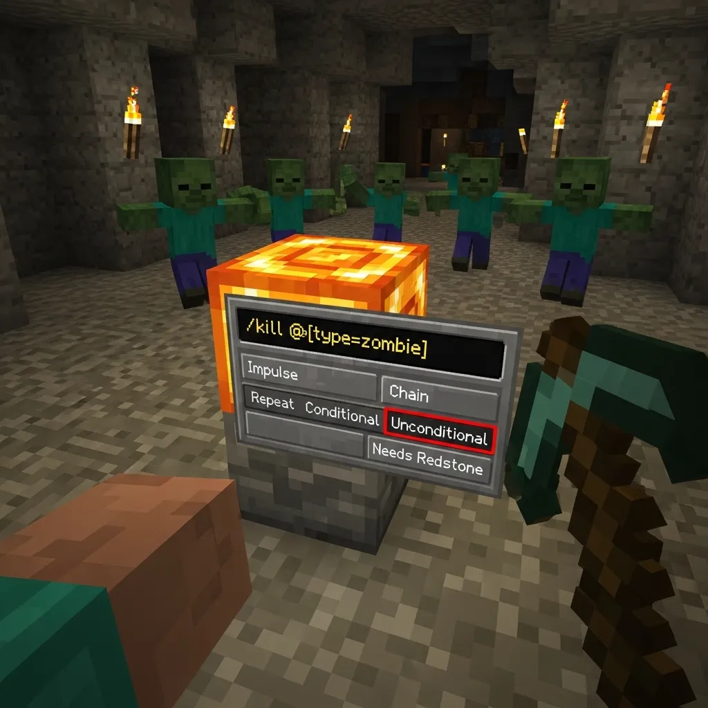 A Minecraft player using a command block to target a specific type of mob.