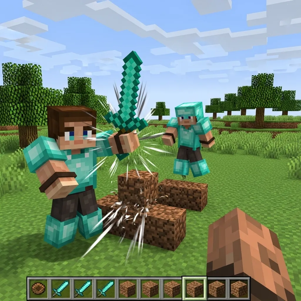 A Minecraft screenshot showing a player mid-combo, with blocks being quickly placed around the opponent's feet after a vertical strike.