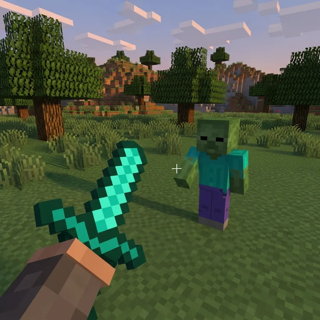 A player character in Minecraft Bedrock Edition aiming a sword at a zombie mob, with a subtle targeting reticle visible on the zombie.
