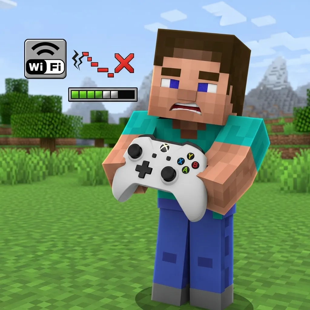 A player character in Minecraft Bedrock Edition looking frustrated with a controller in their hands, with connection symbols indicating lag.
