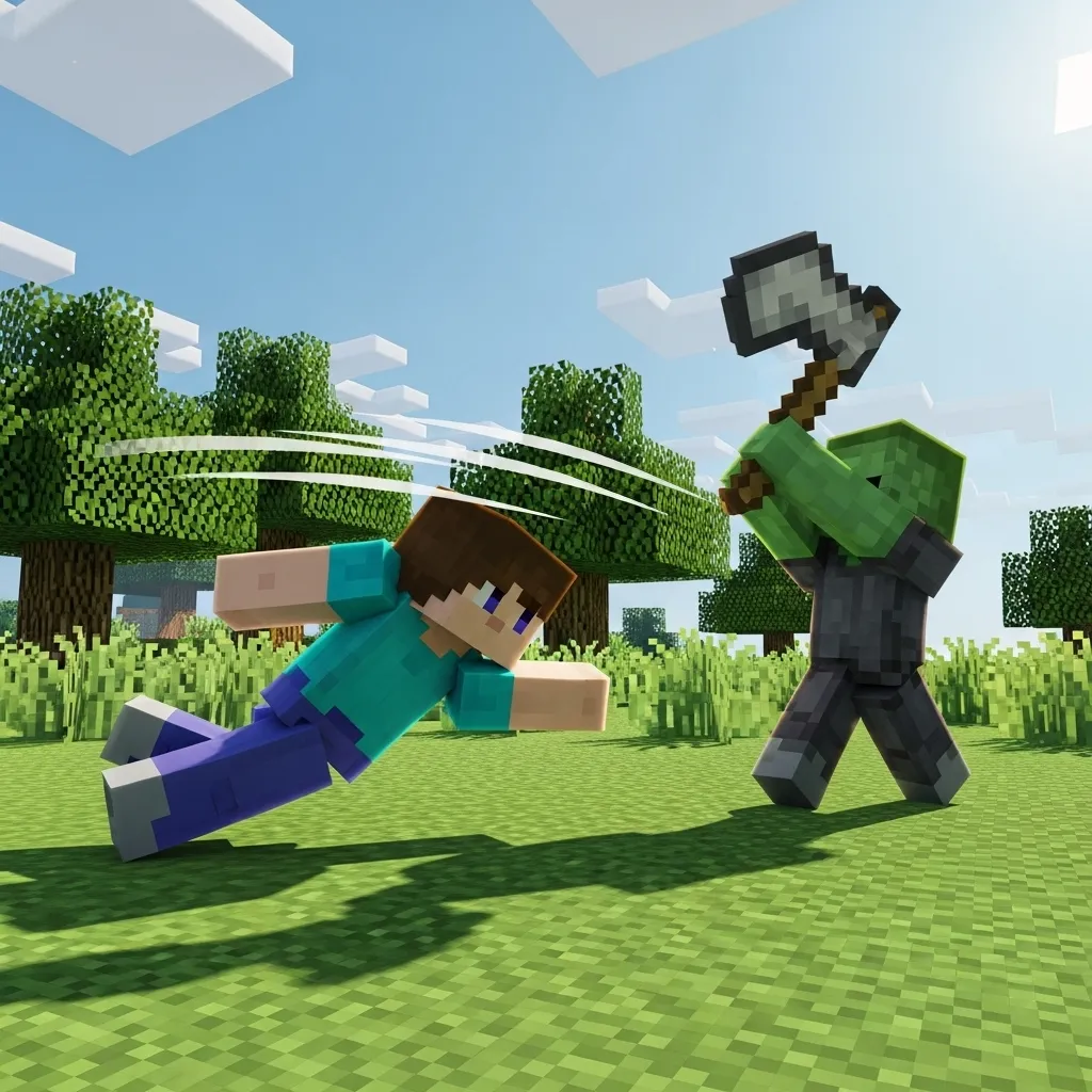 A player character performing a slick dodge roll while an enemy mob swings an axe, missing them. Minecraft 