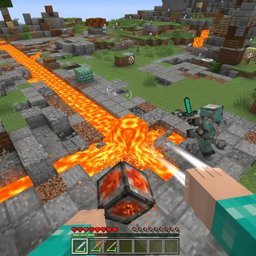 A player dropping a lava bucket at their feet while retreating from an opponent in a PvP match