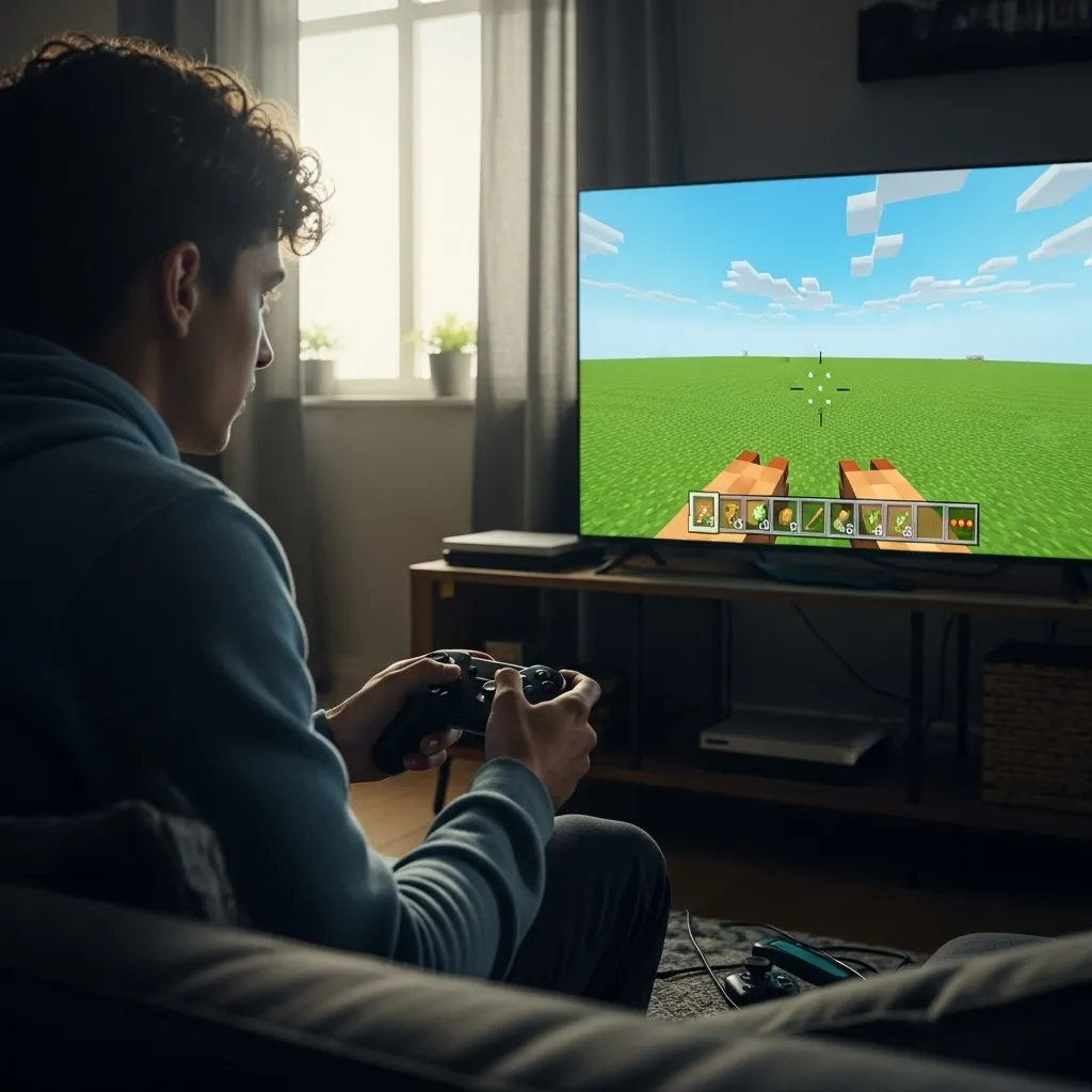 A player in Minecraft Bedrock console looking intently at their screen while practicing aiming in an empty world