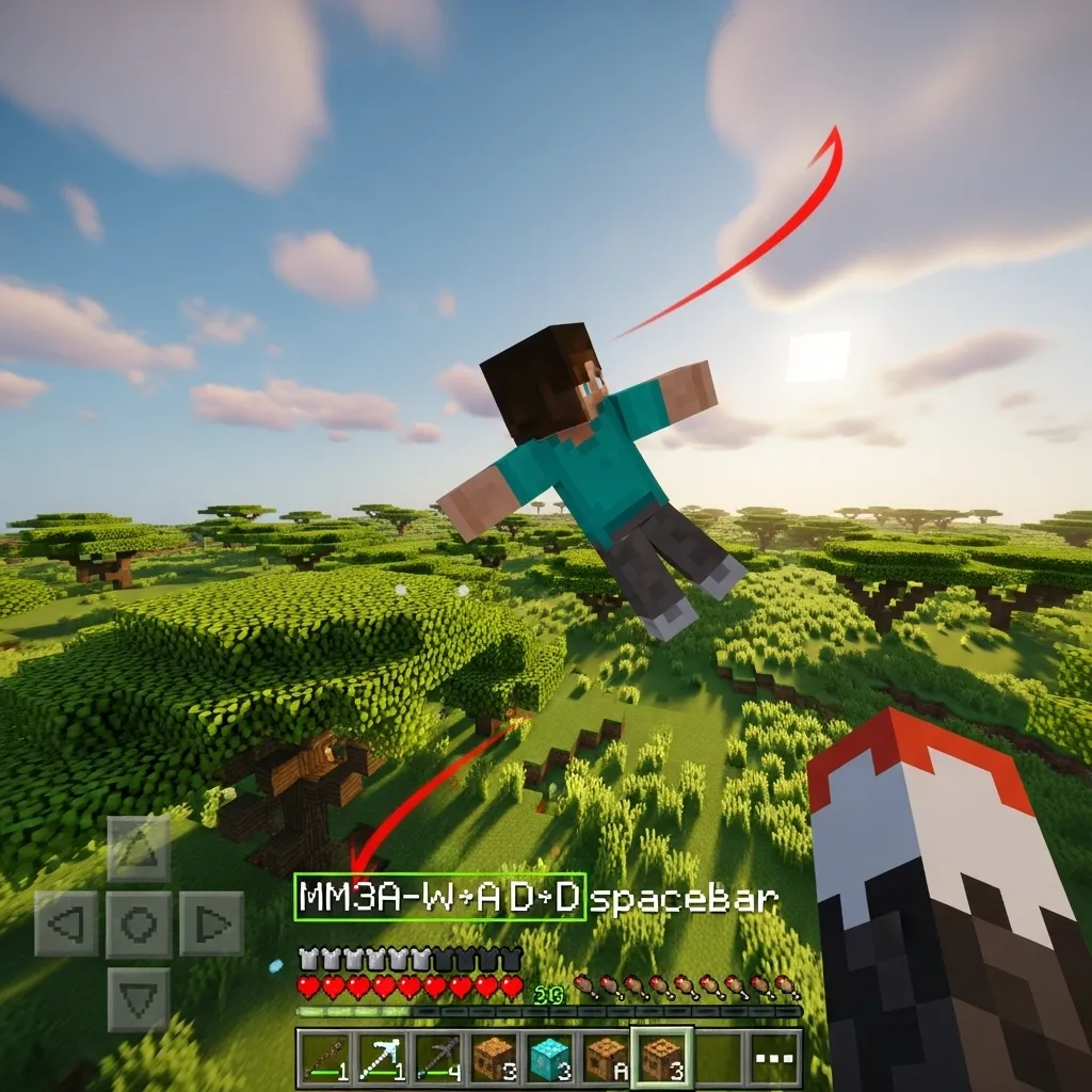 A player in Minecraft Bedrock Edition quickly changing direction mid-air using keyboard inputs.