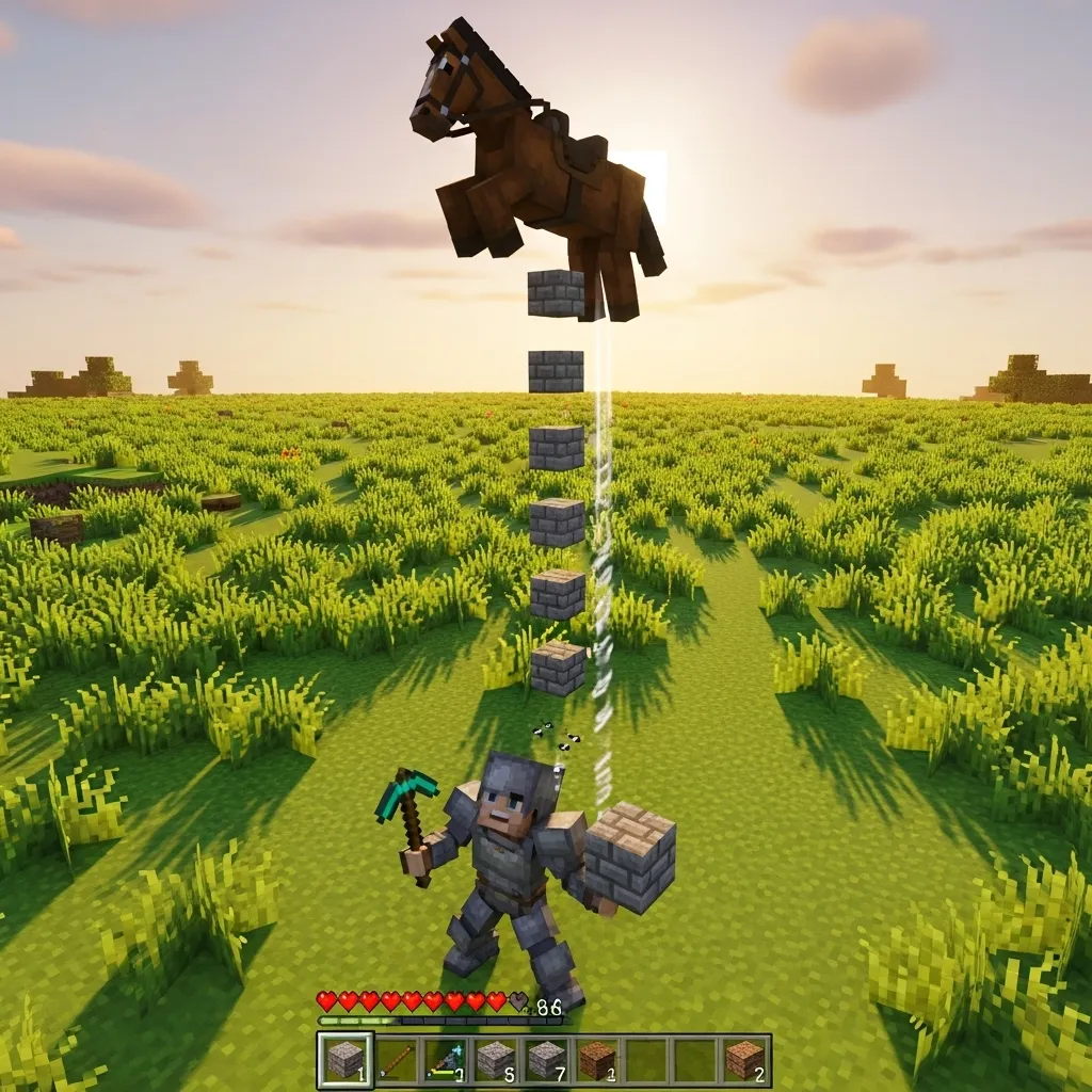 A player spamming blocks beneath their dismounting horse to prevent fall damage and remount quickly
