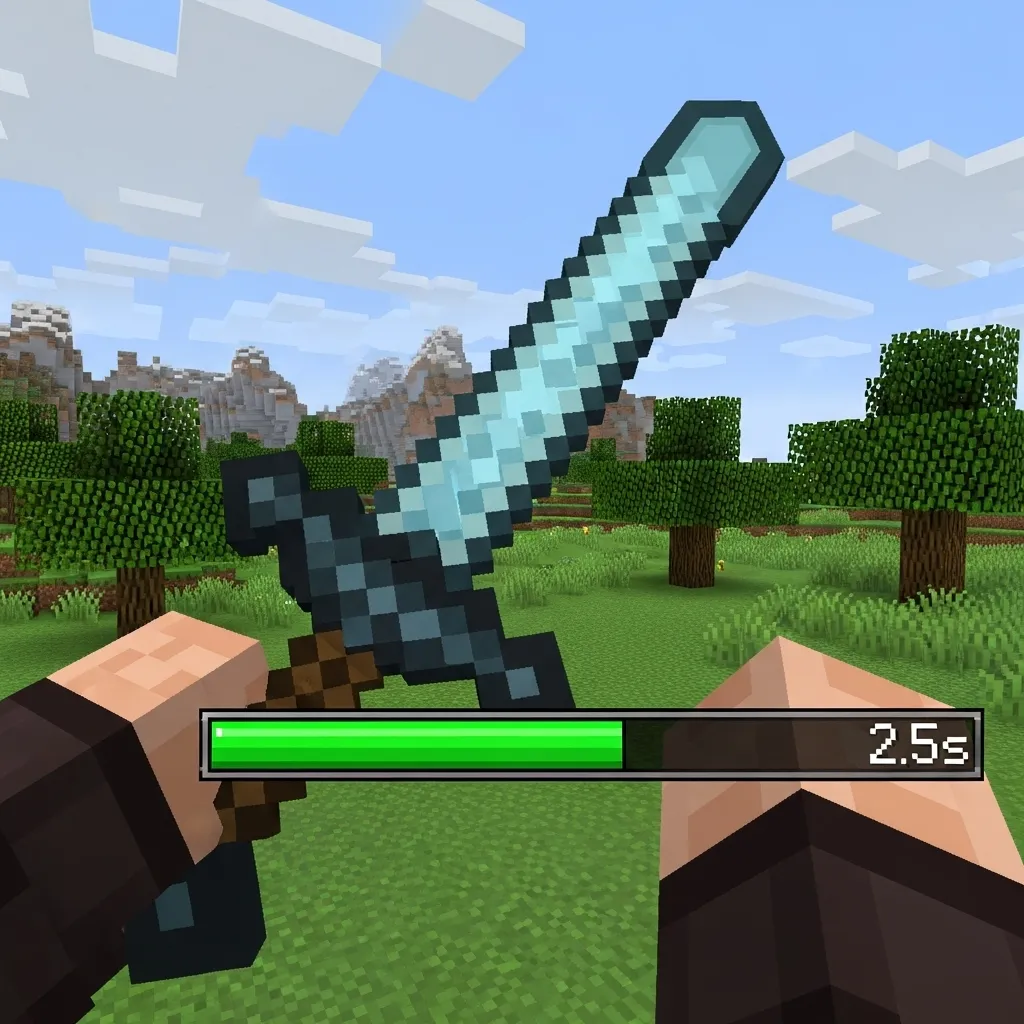 A screenshot of a Minecraft player using a large, custom two-handed sword with a visible cooldown bar on the screen