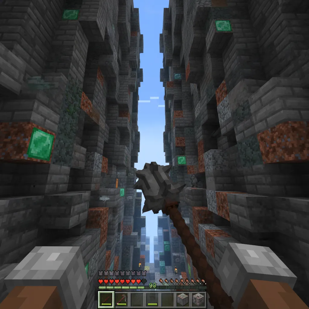 A screenshot showing a Bedrock player using a high FOV (110) while wielding a mace, clearly showing the vertical view of the surrounding blocks.