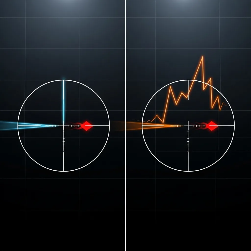 A split graphic showing two aiming reticles on a moving target, one showing smooth tracking and the other showing a jagged, overshot path.