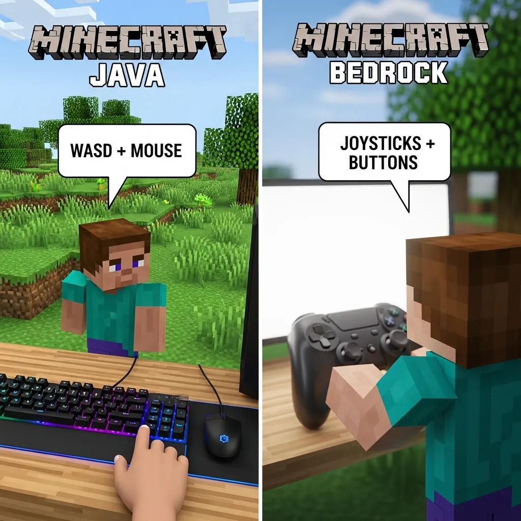 A split screen graphic showing two player models, one labeled 'Minecraft Java' and the other 'Minecraft Bedrock,' emphasizing the input difference.
