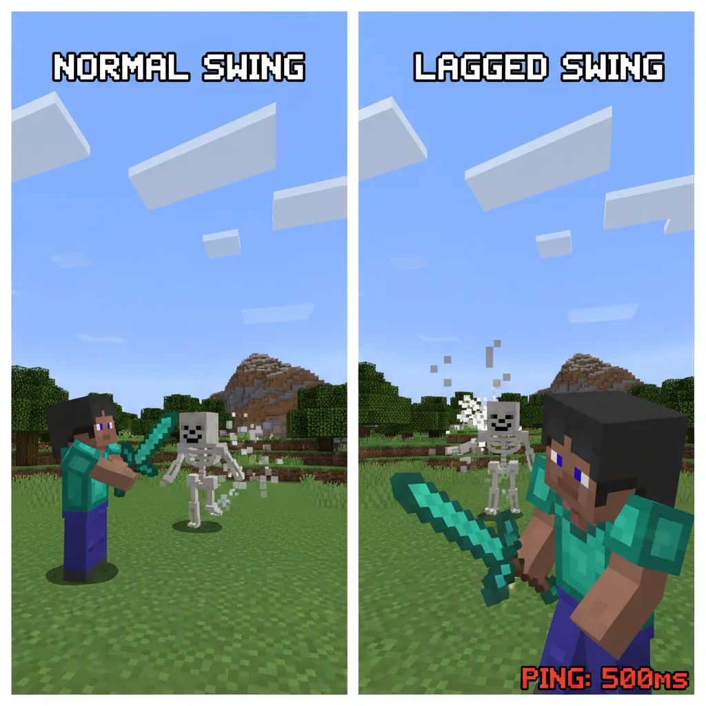A split screen image. One side shows a Minecraft player swinging their sword normally. The other side shows the same player's perspective, but due to lag, their opponent appears further away than they actually are.