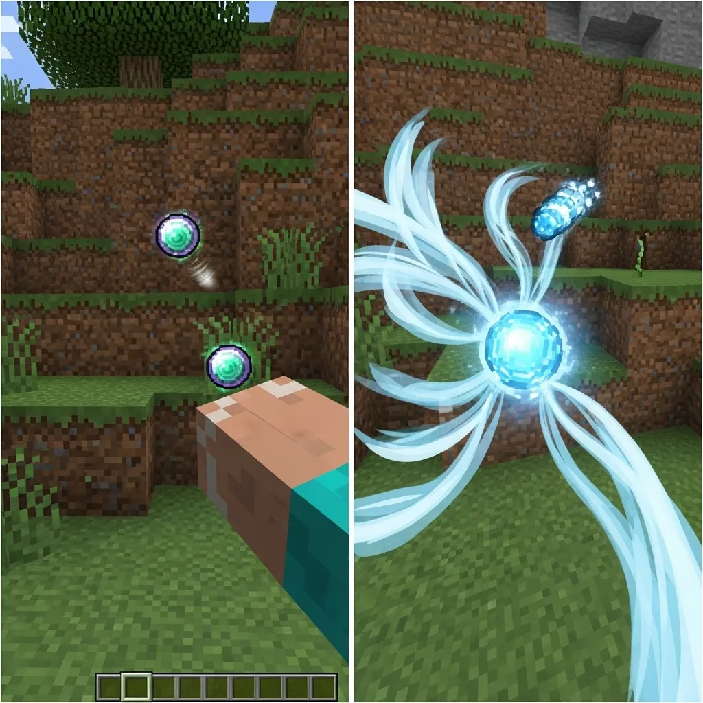 A split-screen image showing one side with a player throwing an Ender Pearl and the other side showing a Wind Charge projectile perfectly intersecting the pearl's path.