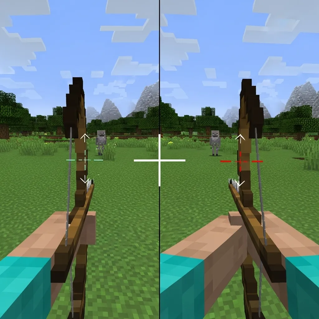 A split screen showing a player aiming precisely in both Minecraft Java and Minecraft Bedrock editions.
