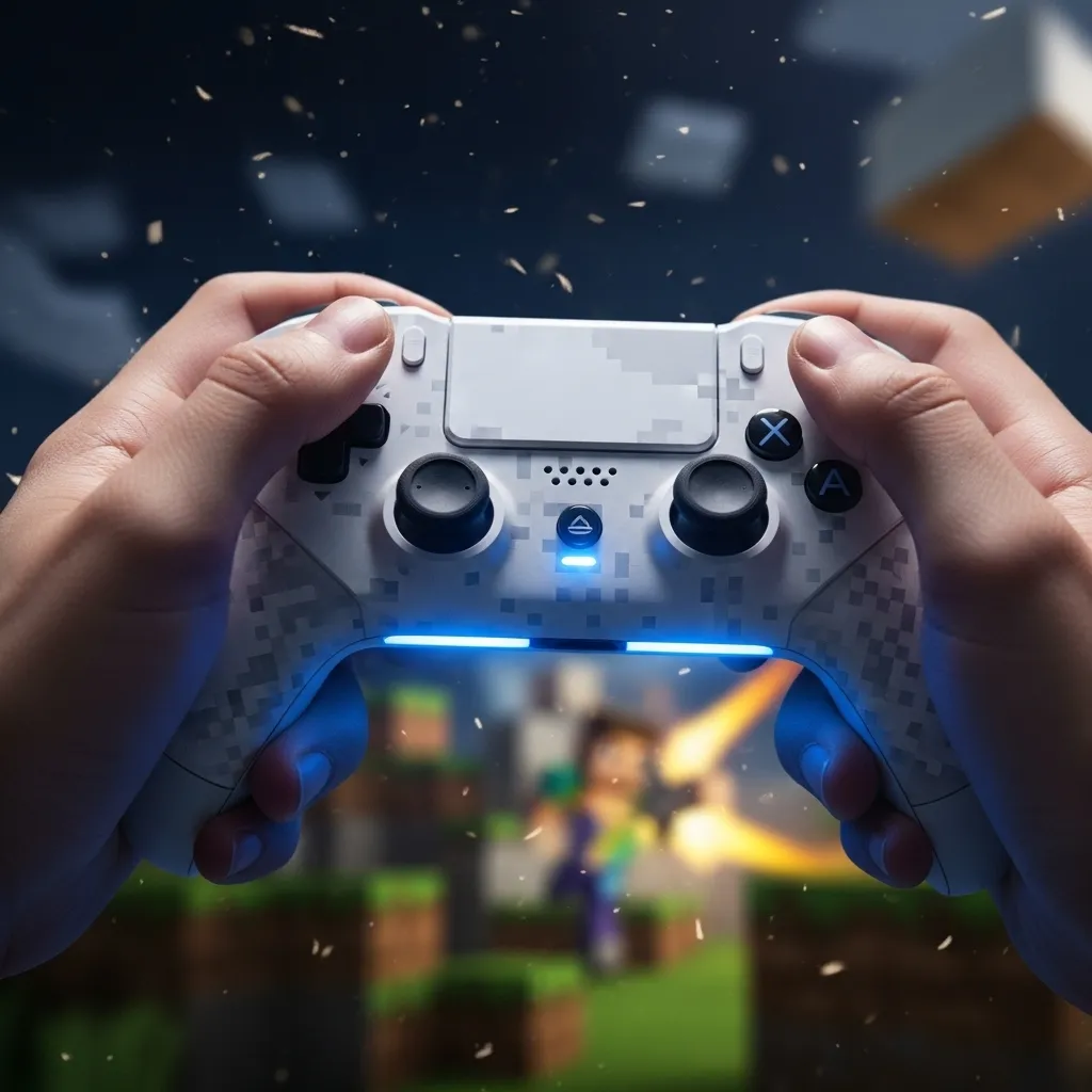 Close-up cinematic shot of a player's hands gripping a modern white controller with soft blue glow, focused intently on the thumbstick during a high-speed PvP encounter, with dust particles floating in the air, no text, no words, no typography, Minecraft theme